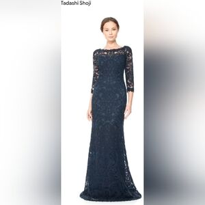 Tadashi Shoji Deep Navy Lace Sequin Dress with Three-Quarter Sleeves Size 8